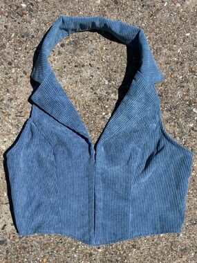 SHEIN Blue Corduroy Halter Collar Crop Top